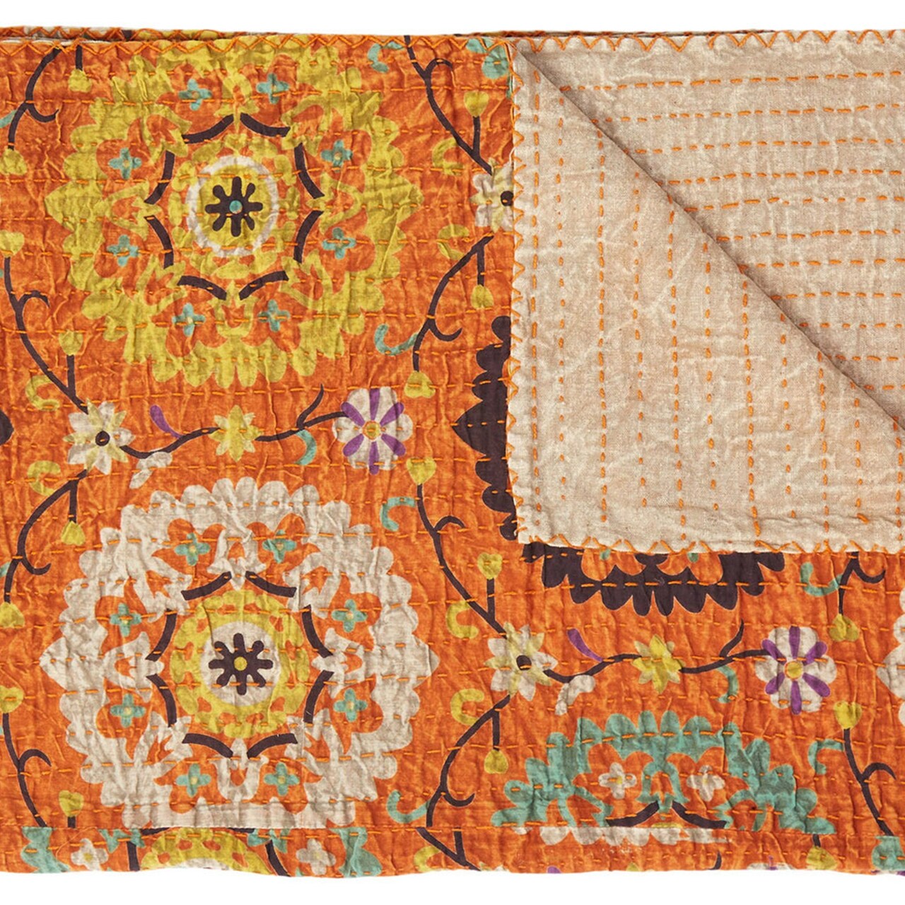 Edge Collections - 50" x 70" - Orange - Artisanal Floral Kantha Throw Blanket - 1 Piece